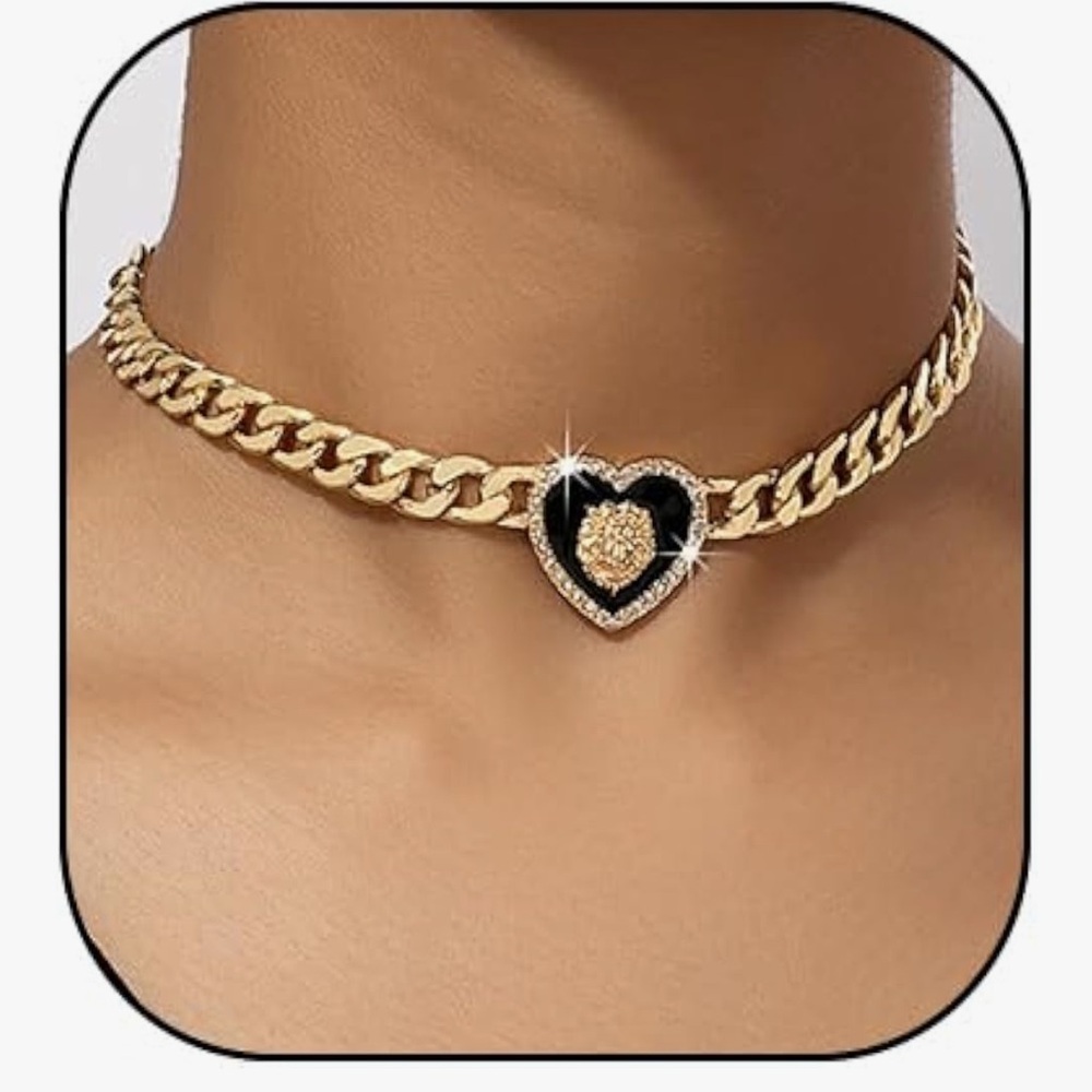 🆕 Rhinestone Heart Necklace for Women Gold Silver Heart Pendant Choker Necklace